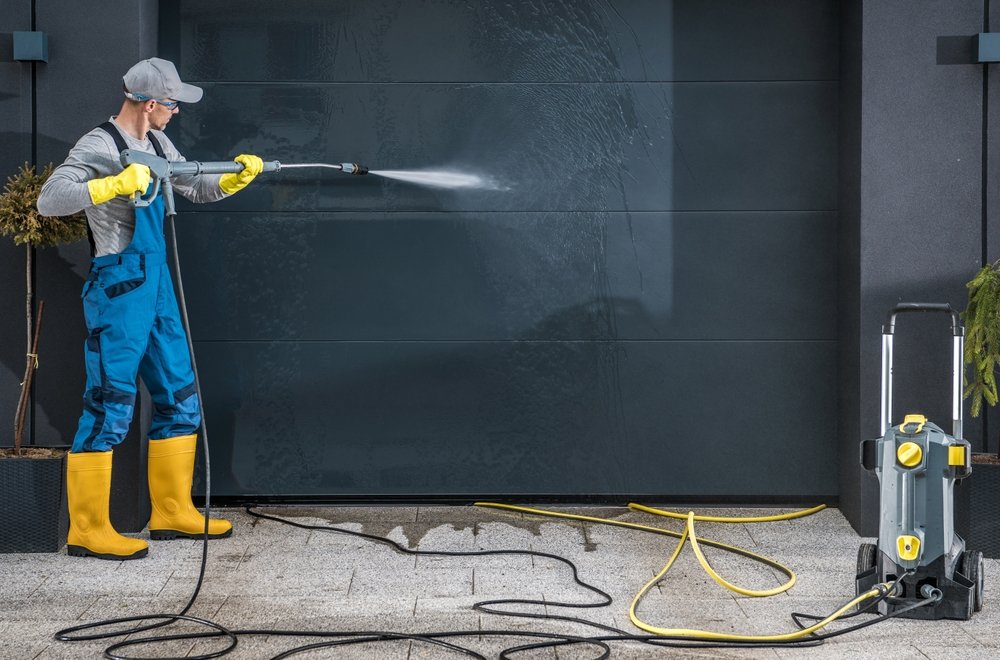 pressure washing a garage door
