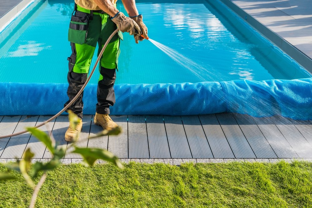 Taking,Care,Of,A,Backyard,Poolside,Surrounding.,Garden,Owner,Cleaning